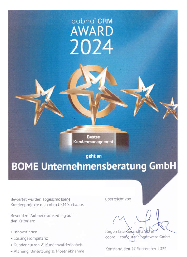 cobra CRM Award 2024 - And the winner is: BOME GmbH / bome.net