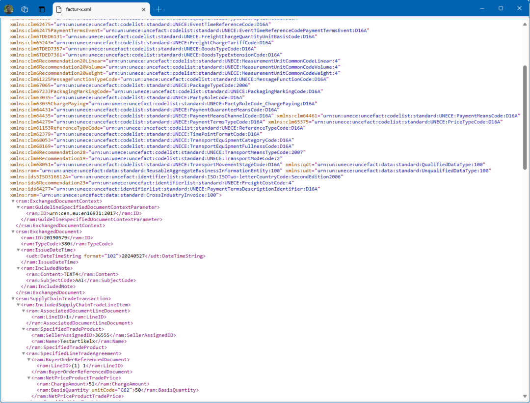 XML-Code einer ZUGFeRD-Rechnung oder einer X-Rechnung