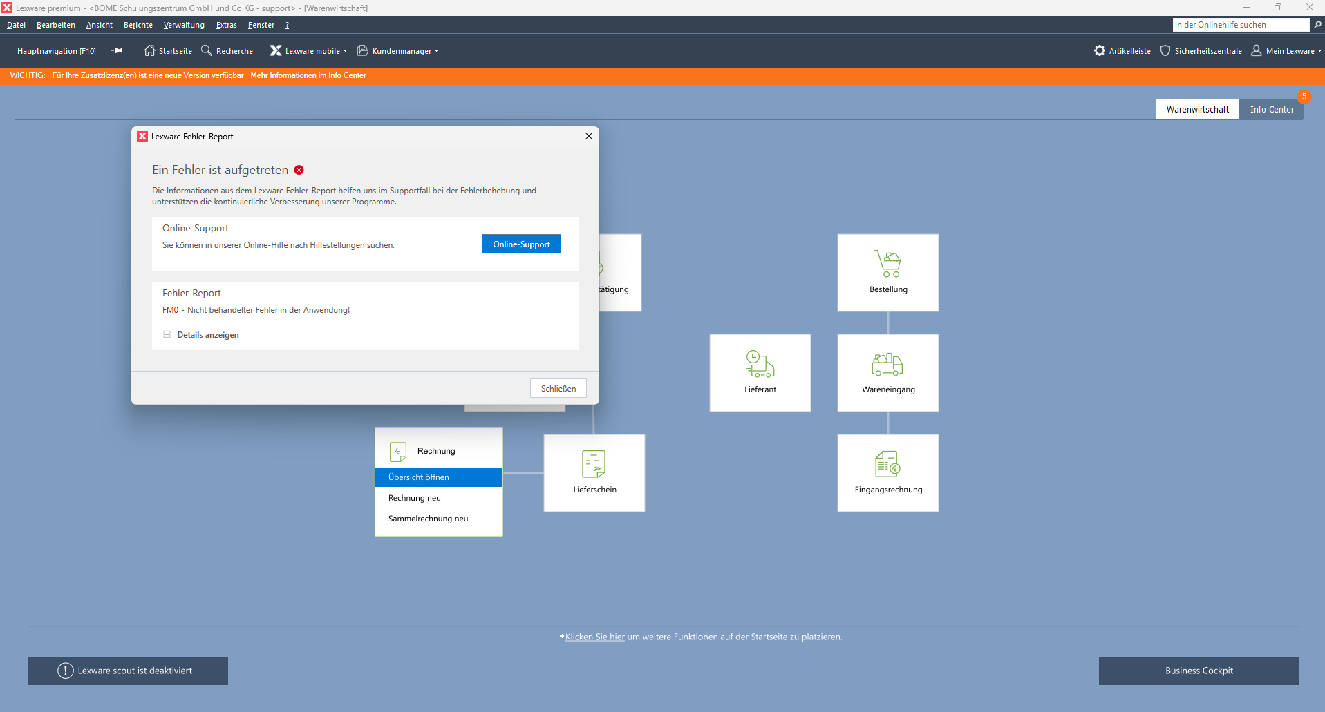 Fehlermeldung0 in Lexware