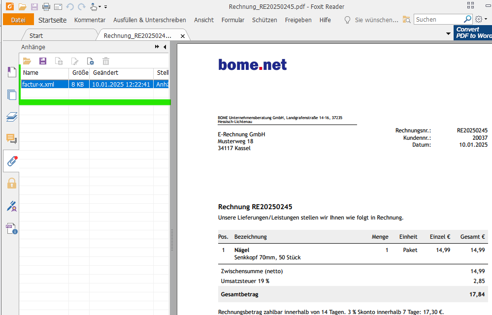 PDF Reader können anzeigen, ob ein XML-Anhang vorliegt.
