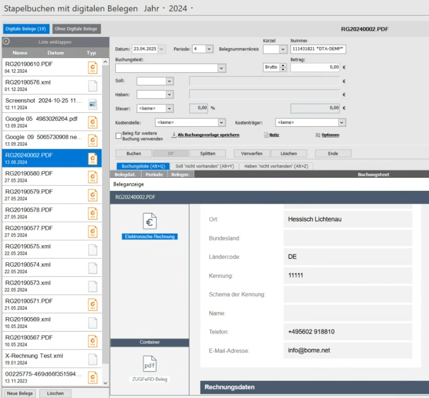 Screenshot der Lexware Stapelbuchung einer E-Rechnung