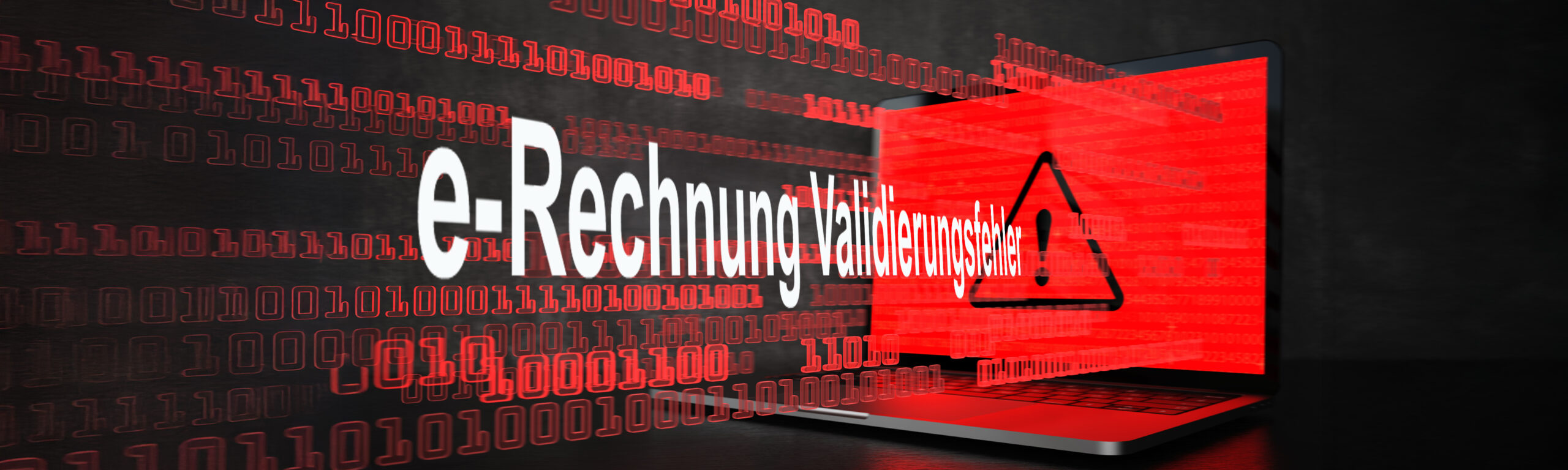 Ein Laptop mit rotem Bildschirm zeigt ein Warnsymbol (Ausrufezeichen in einem Dreieck). Im Vordergrund erscheint der Schriftzug ‚e-Rechnung Validierungsfehler‘, umgeben von roten Binärcode-Zeilen (0 und 1), die eine digitale Umgebung symbolisieren. Das Bild vermittelt eine Warnung oder einen Fehler bei der Validierung elektronischer Rechnungen.