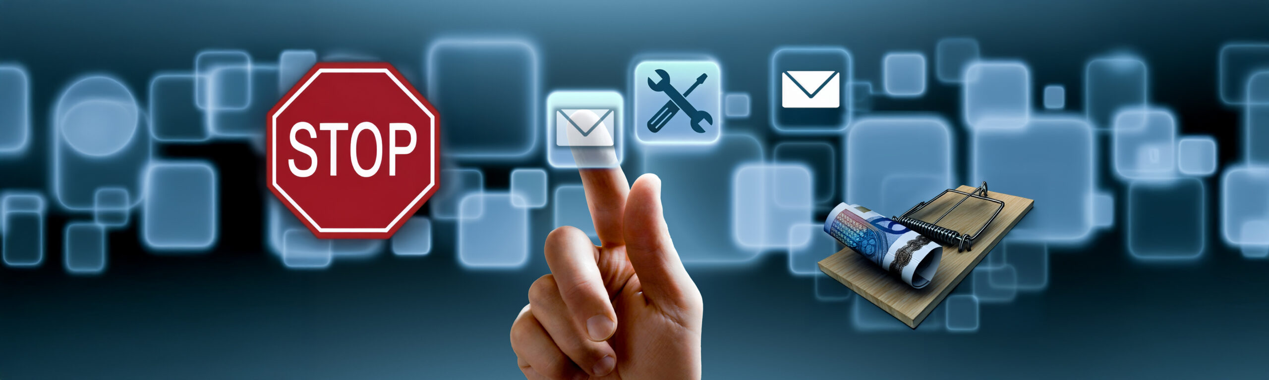 Symbolbild zu IT-Fallen im Geschäftsalltag: Eine Hand klickt auf ein E-Mail-Symbol, daneben ein Stopp-Schild, Werkzeugsymbol, eine Geldmausfalle mit Euro-Scheinen – Hinweis auf Risiken kostenloser Maildienste.