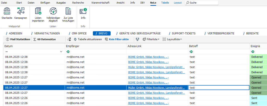 Screenshot NeLe CRM Brevo Schnittstelle
