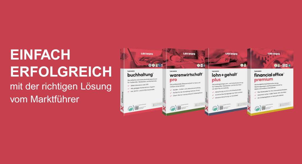 Lexware-Softwarelösungen auf rotem Hintergrund mit dem Slogan 'Einfach erfolgreich mit der richtigen Lösung vom Marktführer'. Abgebildet sind vier Produktverpackungen: Lexware buchhaltung, Lexware warenwirtschaft pro, Lexware lohn+gehalt plus und Lexware financial office premium.